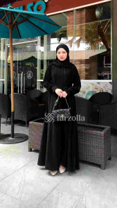 Gamis Abaya Premium Bahan Tebal Fortaleza Jetblack Renda Mote Swarovsky Ziper Depan Hawa 767