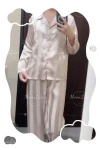 Premium Ice Silk Satin Pyjamas Long Sleeves Baju Tidur Sleepwear One Set Satin Striped Button Long sleeve READY STOCK [SW08]