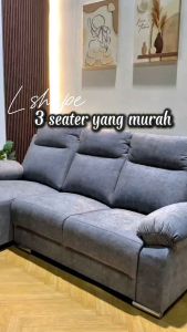 UNIQUE DESIGN 3 Seater L Shape Velvet Fabric Sofa | Grey Fabric | Cushion | Ruang Tamu