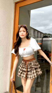 AimornShopp เสื้อกล้ามครอปแต่งโบว์ แต่งลูกไม้สวยแซ่บสุดๆ สม็อคช่วงอก เนื้อผ้าดีใส่สบาย แมทช์ง่าย