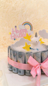 เค้กธนบัตร 20 ใบ ขนาด6นิ้ว มียูนิคอร์นพาทเทลน่ารักฟรุ้งฟริ้ง