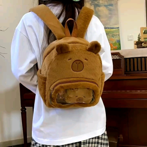 Balo lông thời trang balo hoạt hình capipara phối kính kèm phụ kiện size 28cm