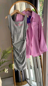 ●ECLAIRE● 043 Dress Mini 2in1 (Inner Dress dan Outer Kemeja) Garis Salur Stripe Korea Kasual Casual Imut Santai Import ixaoi