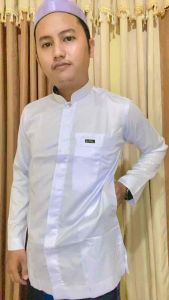 Alghin Exclusive New Baju koko pria muslim putih haibah kancing dalam Bahan Saudi premium polyester import original lengan panjang