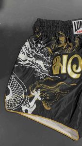 Lumpinee Satin Retro Muay Thai Fight Shorts Printed Dragon Black