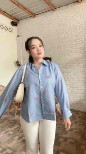 Atasan Kemeja Wanita Blouse Strip Motif Pita