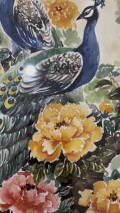 ภาพวาดนกยูงคู่ ดอกโบตั๋น ภาพวาดสีน้ำ ขนาดA3/29.7x42 cm พร้อมกรอบกระจก แขวนได้ตั้งได้ แข็งแรงทนทาน