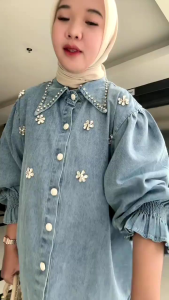 Twyla Kemeja Blouse Shirt Jeans Wanita Bordir Atasan Oversize Wanita Denim Lengan Karet