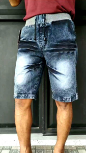 Celana Pendek Denim Jeans Ripped Snow Distro Premium Line Motif Karet Pinggang Jeans Pria Wanita Big Size Dark Blue Light Blue Snow Wash