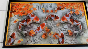 Hiasan Dinding Lukisan Cetak plus bingkai 9Ikan Koi FENGSHUI ukuran 100x50cm