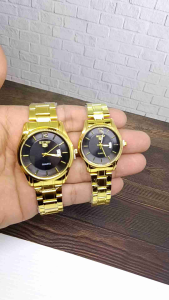 JAM TANGAN RANTAI TANGGAL CUOPLE GOLD HITAM WATER RESISTANT