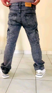 Seluar Jeans Lelaki Cargo 6 Pocket Acid Wash Cargo Jeans kain Tabal Non Stretchable