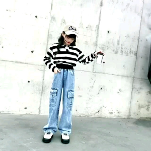 Celana Jeans Cargo Anak Kids Denim Palazzo Girls - Kulot Cargo Anak Remaja Perempuan M4