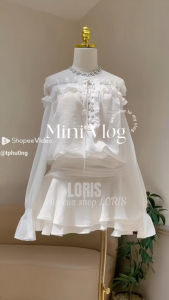 Sét Áo Voan trễ Vai Bèo Đan dây +chân váy xoè Tầng Nữ women Thảo cherry stroe