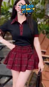 Bộ Áo Thun coton Zip cột cổ polo phối kẻ và chân  váy xếp ly kẻ Thảo cherry stroe