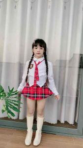 Bộ chân váy caro dáng ngắn áo sơ mi kèm cà vạt dễ thương sành điệu cho bé gái size từ 7-35kg