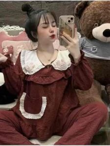 Bộ Pyjama Dài Tay Viền Bèo Đính Thỏ Bông Chất Vải Đũi Mềm Phong Cách Tiểu Thư