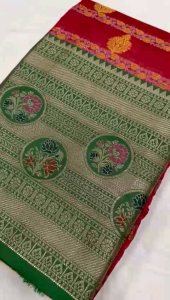 PURE Soft  Litchi Silk  Beautiful  Gold Zari  And Silver  Zari  With  Mina Butta Work
