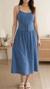 Preloved Lace-Up Waist Midi Dress Denim Blue Size Medium - Large