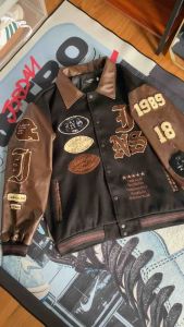 áo khoác bomber varsity áo khoác bóng chày chất dạ phối da PU cao cấp hình thêu xù áo khoác bomber phối tay da
