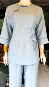 Set bộ nữ cao cấp linen 3 nút thêu sen đồ lam đi chùa nữ