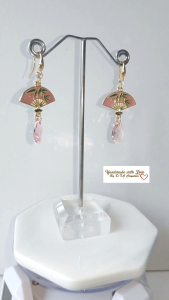 [D.T.C Crystals] Pink Bamboo Oriental Fans with Swarovski Pear Shaped Light Rose Earrings