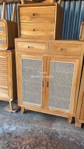 Rak Sepatu / Lemari Sepatu Retro Minimalis Full Kayu Jati Pintu Rotan