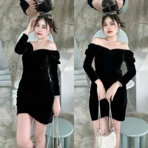 10898 เดรสกำมะหยี่แขนยาว จับจีบเว้าอก แต่งชายกระโปรงไขว้ เนื้อผ้ากำมะหยี่ ซิปหลังยาว