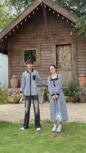 Set đầm đôi caro đen trắng đầm nữ phối nơ và nút xinh xắn nữ tính