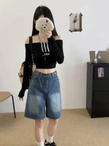 Fomuกางเกงครึ่งขา  ผ้ายีนส์แท้  เอวสม็อคยีนส์ฟอก ปรับกระดุม ตกแต่งเย็บปลายขา  วินเทจ 6356