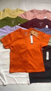 Laysso L38 Liana V-neck mid length slim fit cotton basic tshirt for ladies white blue yellow orange green black pink lilac