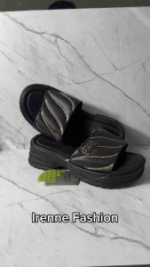 Sandal Slop Karet Import Heel Kotak Tinggi 5 cm Bahan Karet Empuk Elastis Ringan Motif Kokop Salur lis Emas Balance 1981