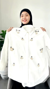 Kemeja Wanita Kekinian Bahan Katun Gauri Manik Putih Oversize Jumbo Bigsize