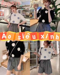 Áo Mongtoghi Cổ Tròn Tay Ngắn Hoạ Tiết Chấm Bi Bự Cho Nữ
