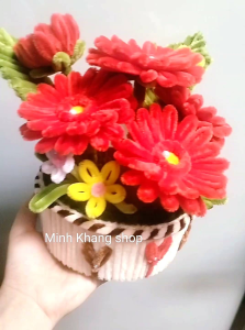 Chậu hoa để bàn hoa kẽm nhung hoa handmade chậu hoa đồng tiền hoa trang trí