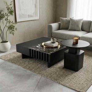 (Hàng nhập khẩu) Bàn trà đôi Sofa phòng khách KUROISHI mặt kính cẩm thạch cốt gỗ MDF sang trọng BN-28