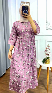 Midi Dress Rayon - Midi Dress Miranda Rayon Premium - Drress Busui Friendly - Midi Dress Lengan 3/4 Hitam Motif