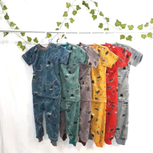 Set Baju Bayi Piyama Lengan Pendek Celana Panjang Motif Dino Printing Animal usia 3-18Bulan Termurah