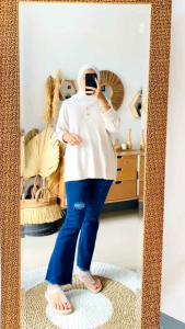 Polo Shirt Basic Wanita Bahan Kaos Rajut Oversize Lengan Panjang