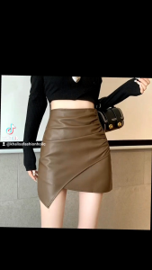 Rok Kulit PU Asimetris Tidak Beraturan Rok Wanita Pinggul A-Line Elegan Modis Berlipat Highwaist Musim Gaya Terbaru Rok Fashion Korea Khalisa Fashion Holic