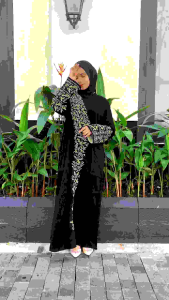 abaya gamis hitam Arab bordir ghania bahan jetblack Saudi - Lembut dan Nyaman Dipakai - Ukuran S- XL - Bisa COD (Bayar di Tempat)
