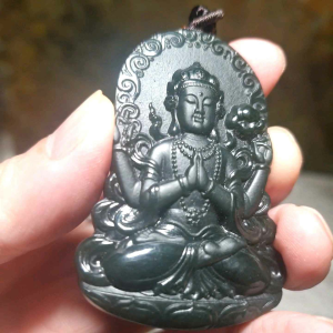 Premium Nephrite deep green Four Arms Guan Yin (Green Tara) Jade pendant (with certificate) 优质和田玉塔青深绿四臂观音(度母)吊坠(带证书)