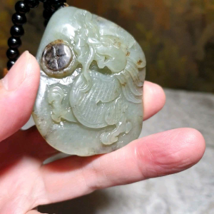 Hetian Pebble Nephrite light green brown "Jade Skin" hand carved Dragon & Copper Coins Jade handheld (with certificate) 和田玉籽玉浅绿黄褐沁手工雕刻龙、铜钱手把(带证书)