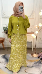 Gamis 2in1 Plisket & Bahan Voxy Bunga Mix Rib Knit