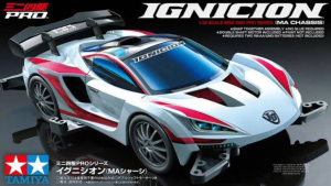 Tamiya Mini 4WD MA Chassis Ignicion 100% Original white and red sports car with black wheels and spoiler.