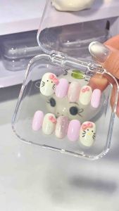 [ Mã L13 ] Nailbox thiết kế Hello Kitty trắng hồng mix charm nơ