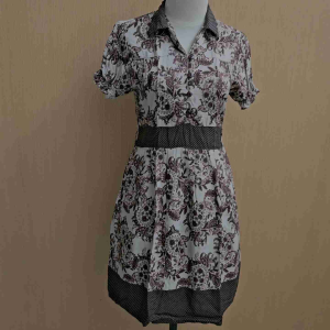 mini midi dress wanita cream motif batik maroon GIRL&GIRL cewek S lengan pendek berkerah