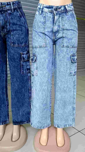 Acid wash cargo six pocket high waist jeans womens long pant