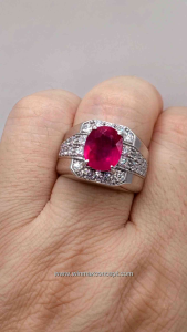 Natural Composition Ruby Glass-Filled with Moissanite 925 Sterling Silver Mens Ring