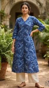 Royal V-Neck Kurtis Baru Rekaan dengan Corak Daun Emas dan Putih (only Kurtis )